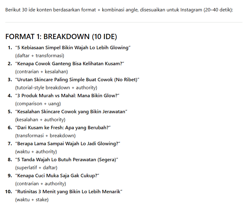 Hasil ide konten dari AI